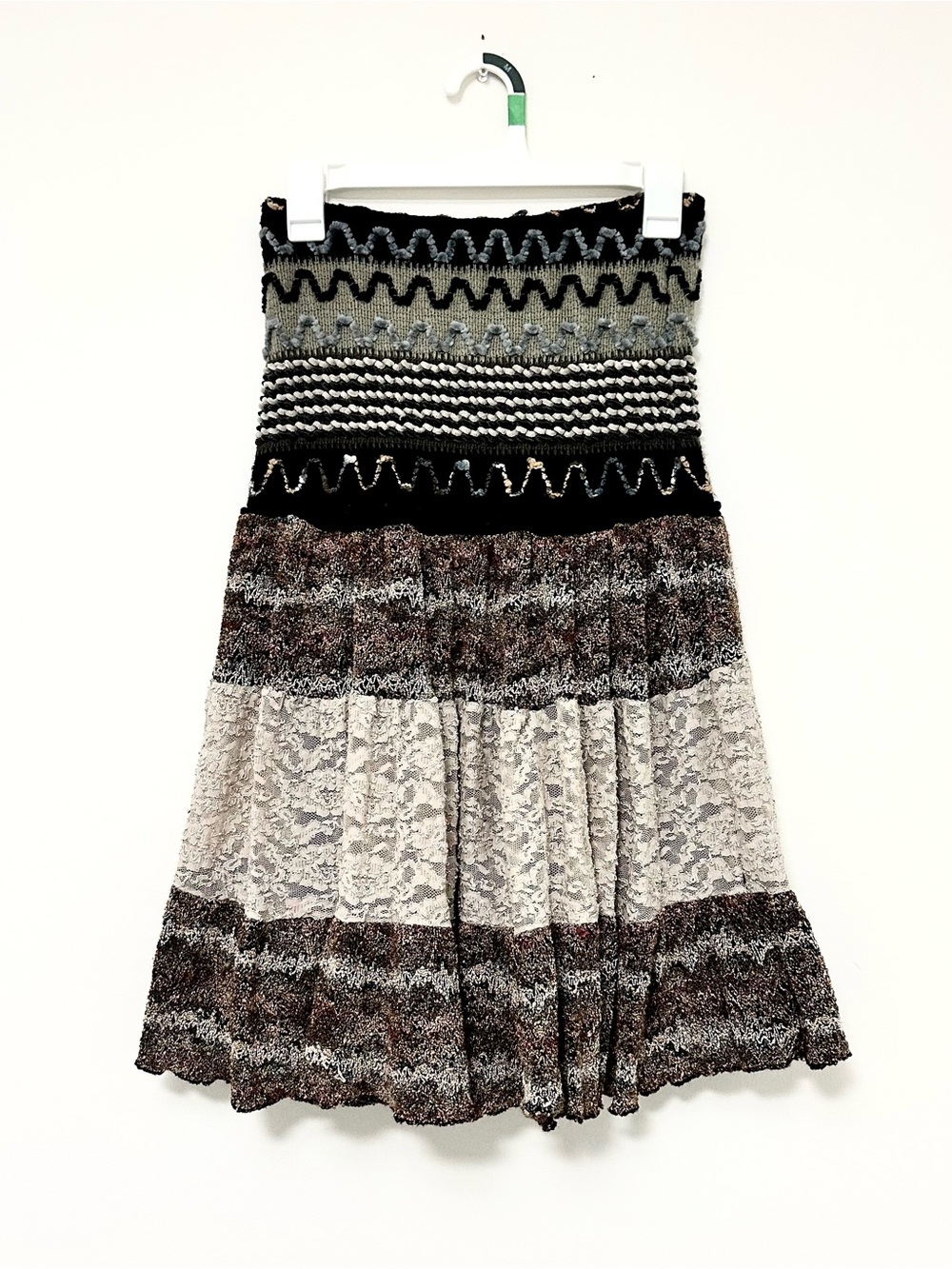 Avital Black, Cream & Gray Multi-Textured Crochet and Lace Midi Skirt Patchwork
